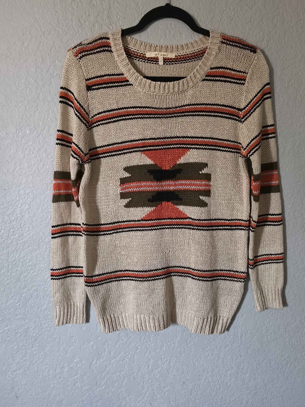 miami Beige Crewneck Sweater with Orange & Olive Aztec Stripes